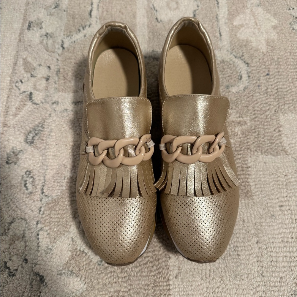 Coconuts by Matisse Metallic Taupe Fringe Loafers with Chain Accent